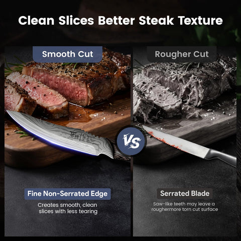 SYOKAMI knives cutting steak smoothly to preserve texture and juices