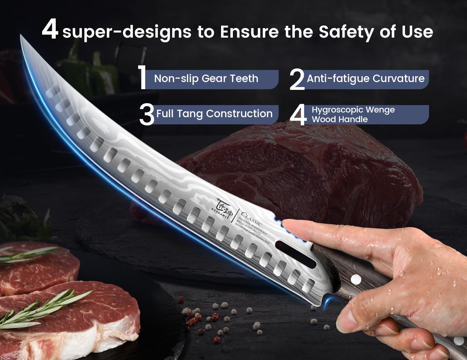 SYOKAMI tapered tip near bone demonstrating accurate boning maneuverability