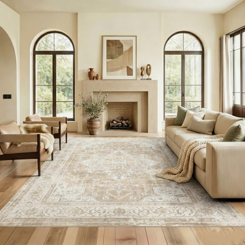 Syrlfar front view of 8x10 rug showing vintage wash and room anchoring benefit