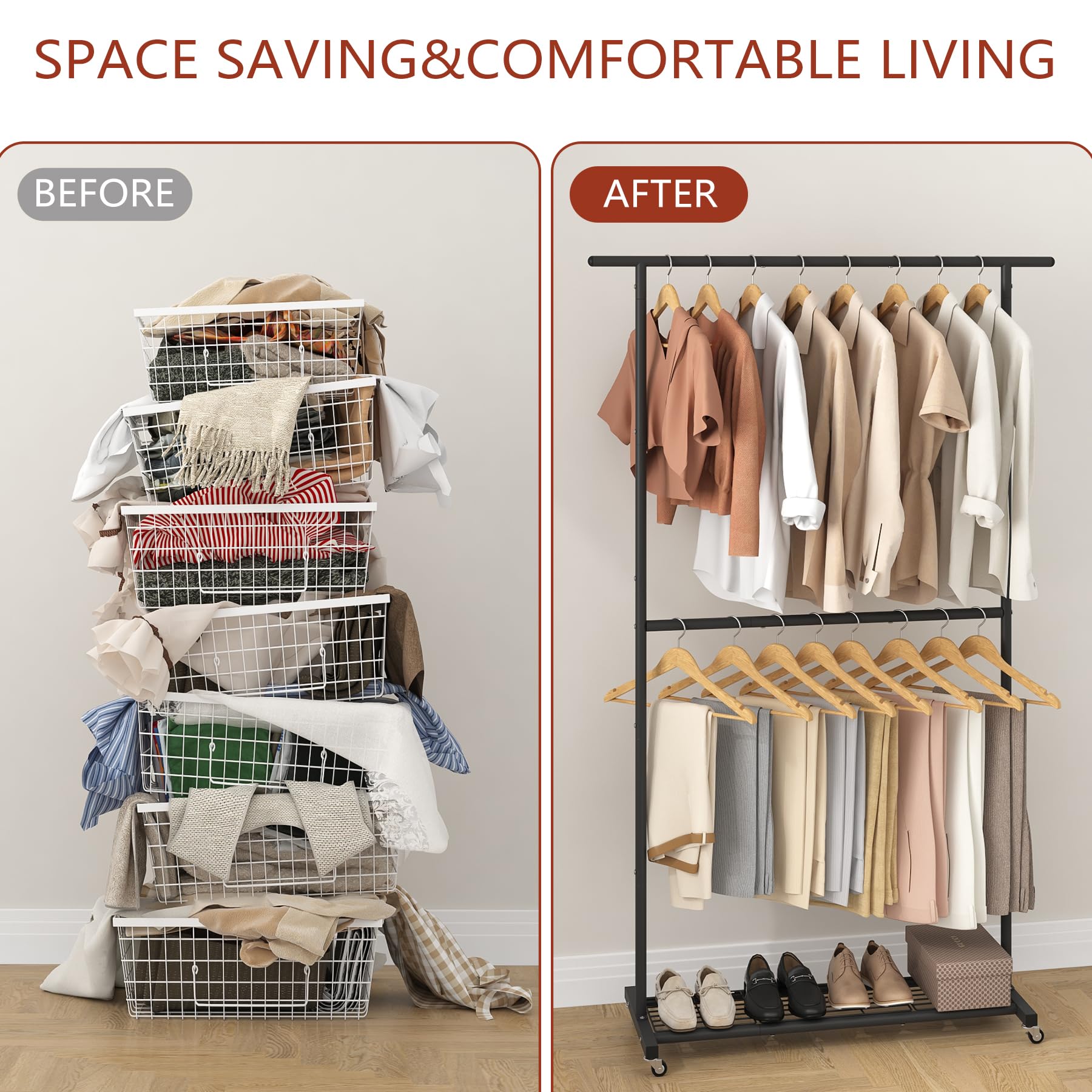 Sywhitta in bedroom lifestyle scene adding tidy, movable wardrobe storage