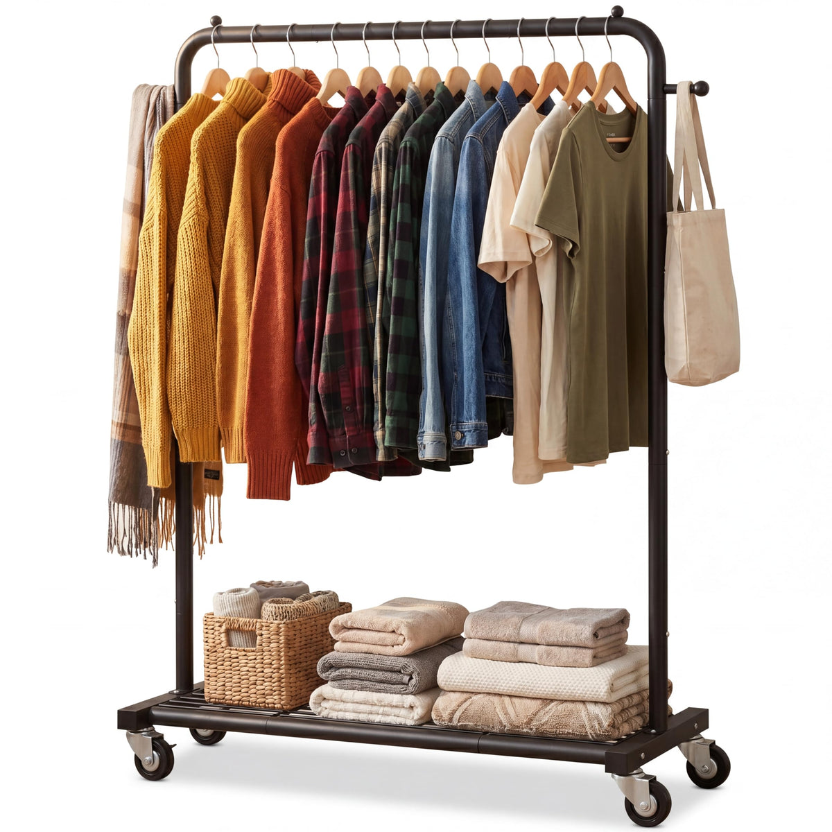 Sywhitta front view of black clothing rack showing hangers and shelf benefit organization