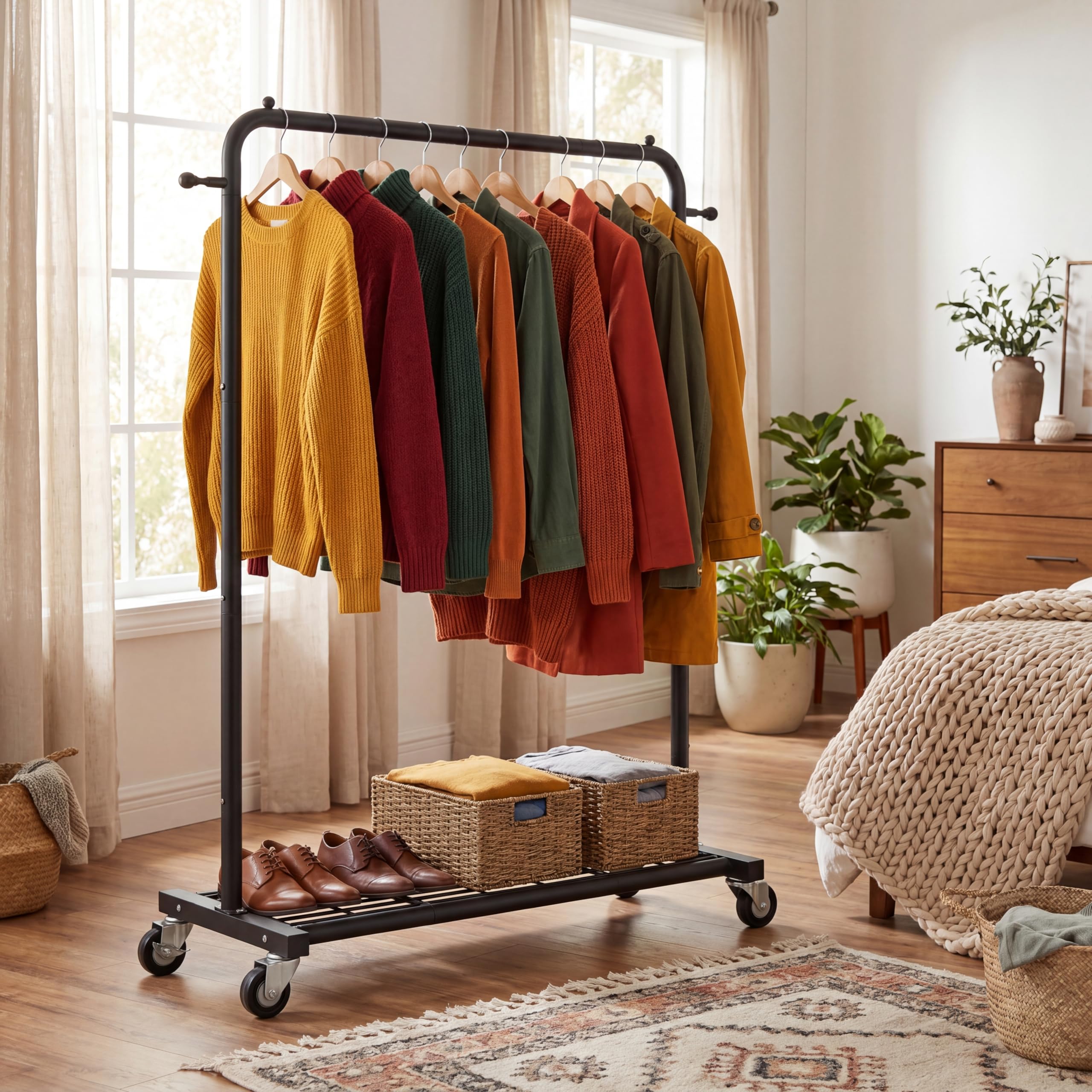 Sywhitta lifestyle shot with rack in bedroom demonstrating practical home styling benefit
