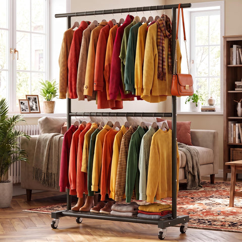 Sywhitta rack loaded with clothes and shoes demonstrating practical capacity