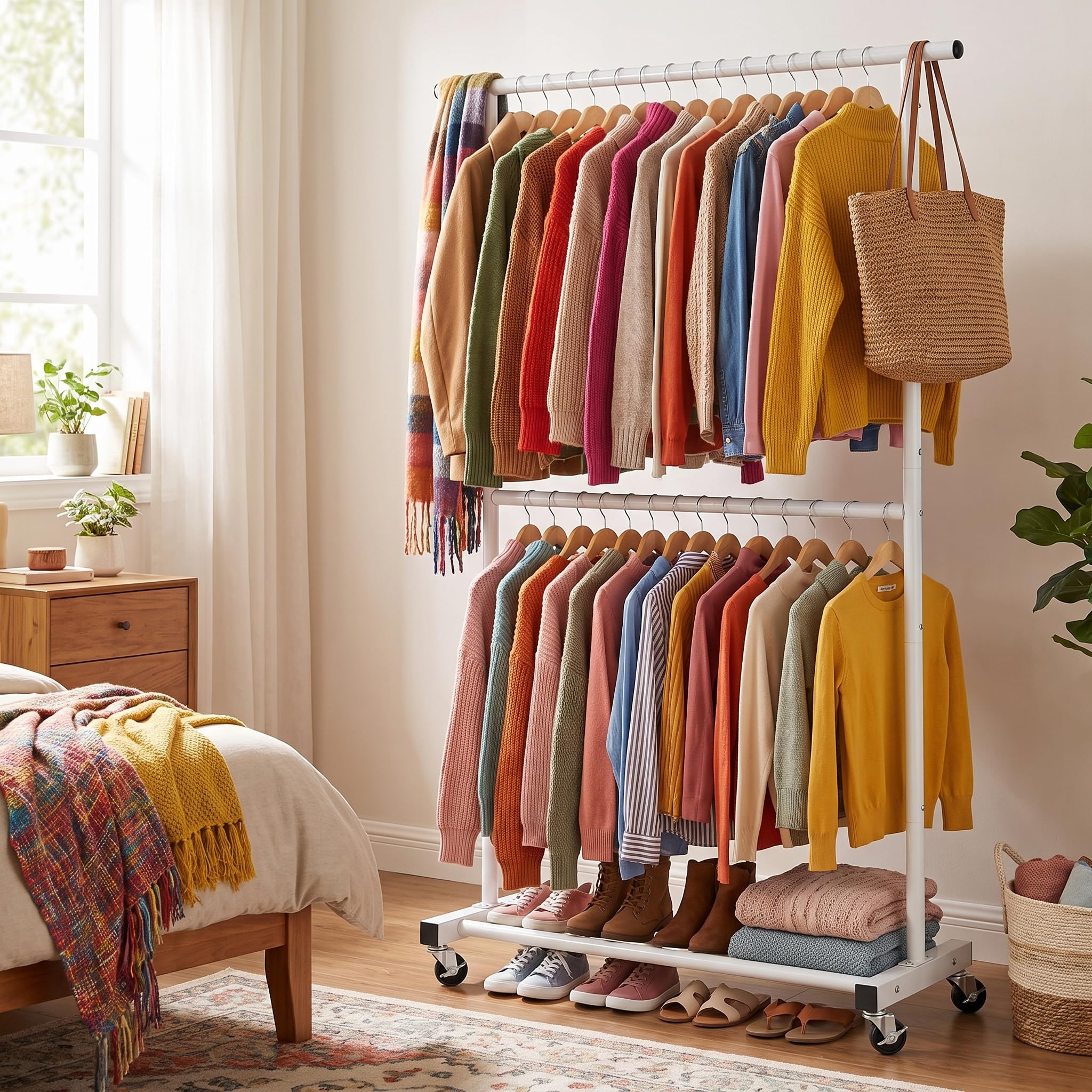 Sywhitta size comparison with clothes showing scale and high-capacity hanging benefit