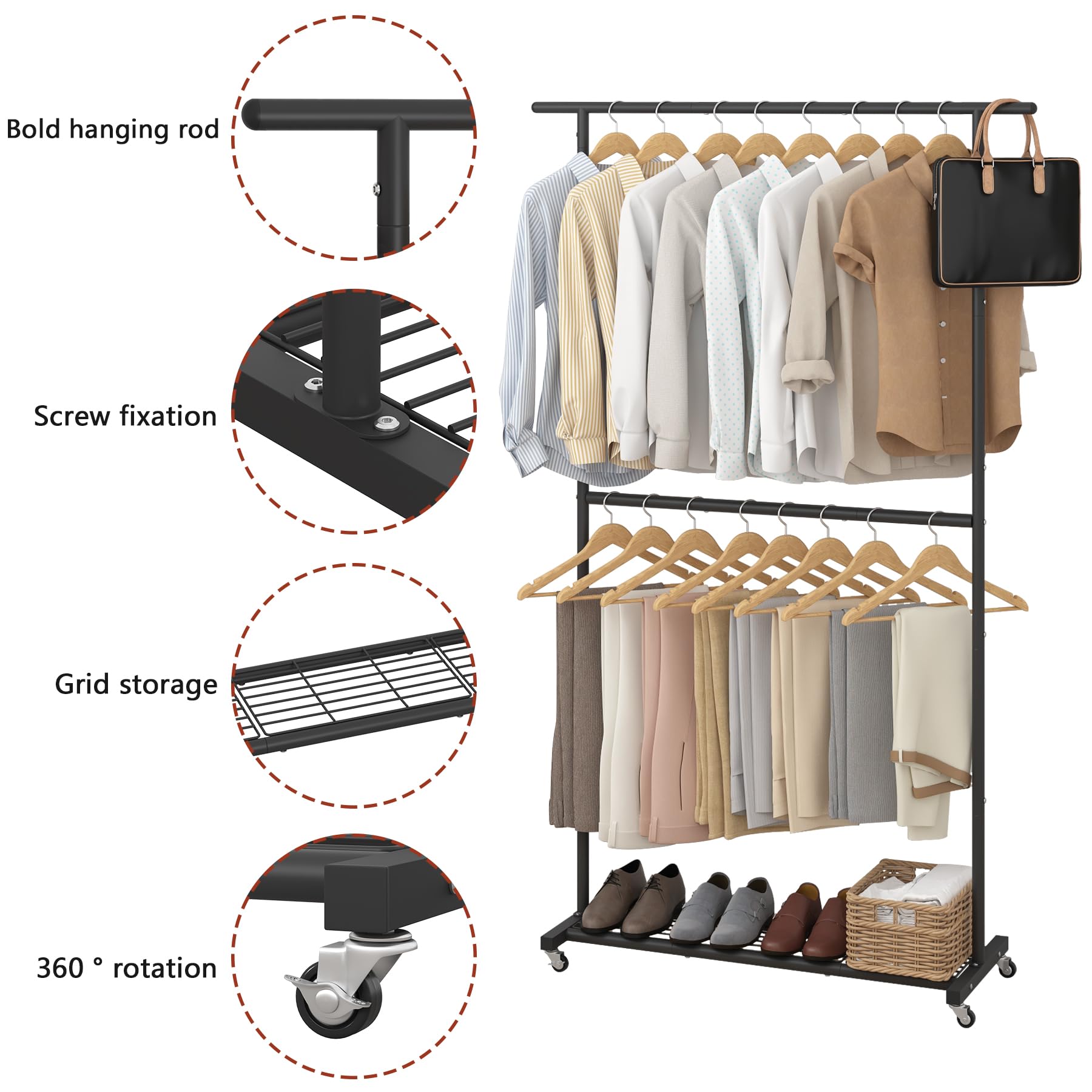 Sywhitta top double rod detail showing sturdy metal bars for more hangers