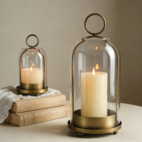 Sziqiqi front view of both lanterns showing farmhouse bronze finish and size contrast
