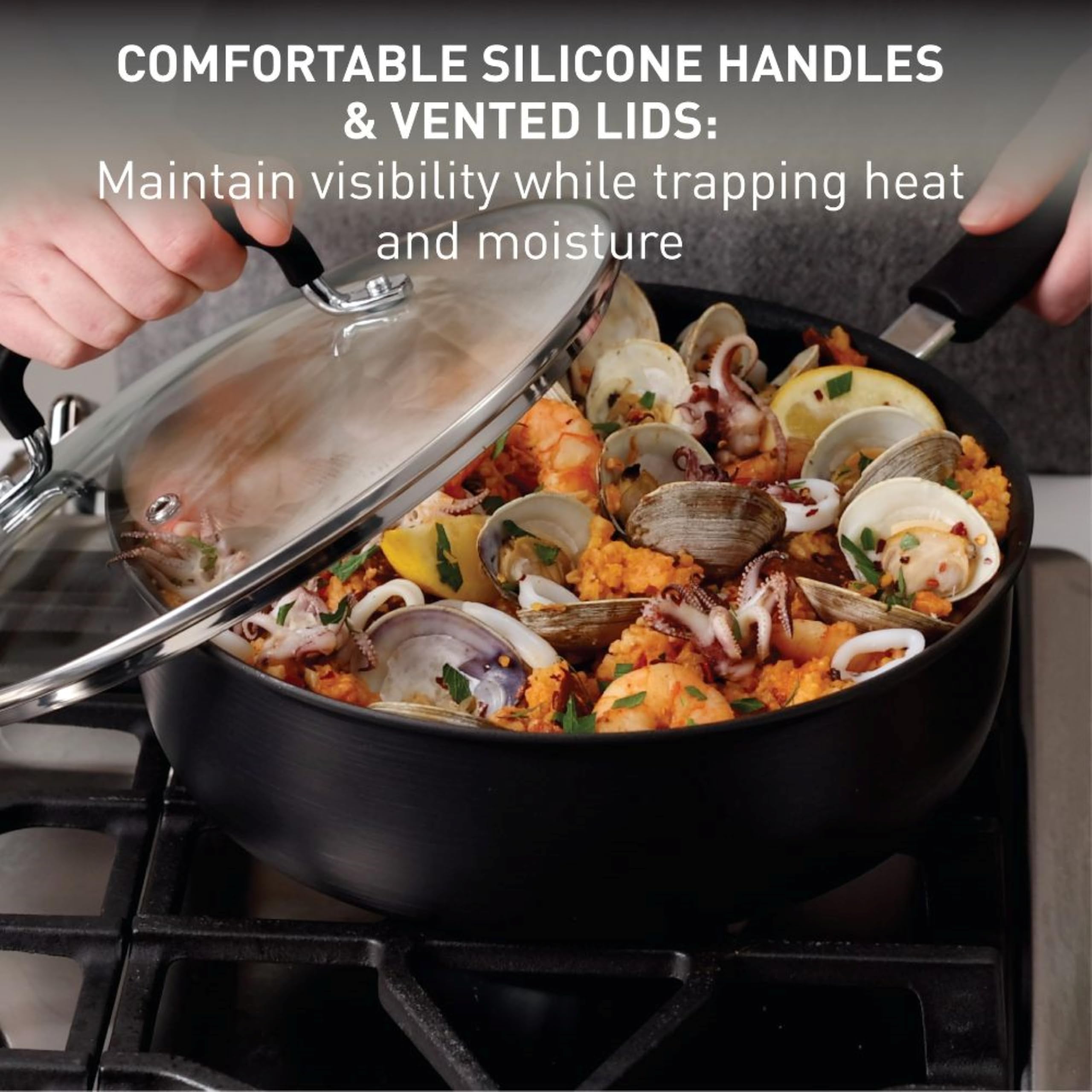 T-Fal fry pan in oven showing oven-safe finishing up to 400°F benefit