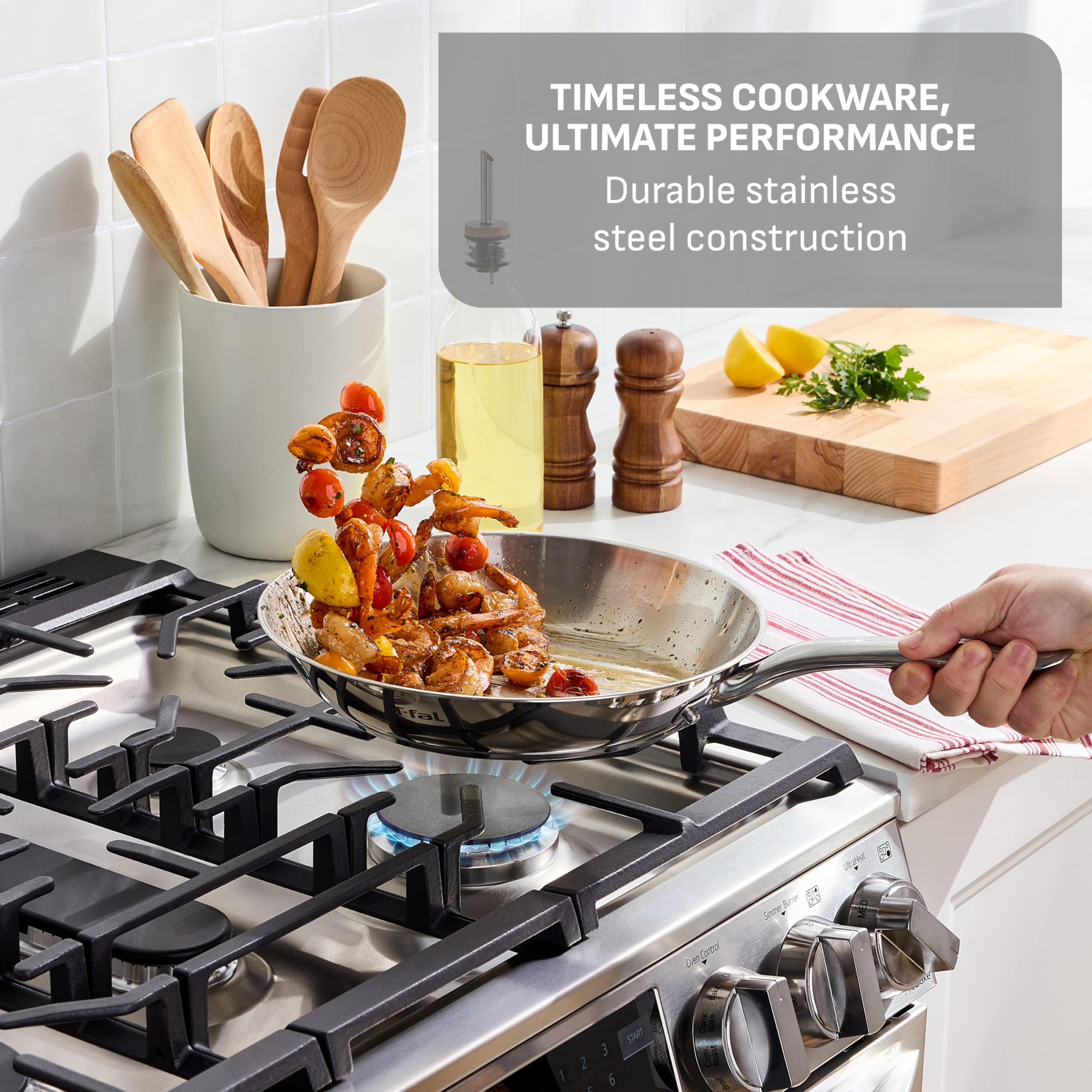T-Fal close-up of induction-ready base illustrating even heat distribution and stability