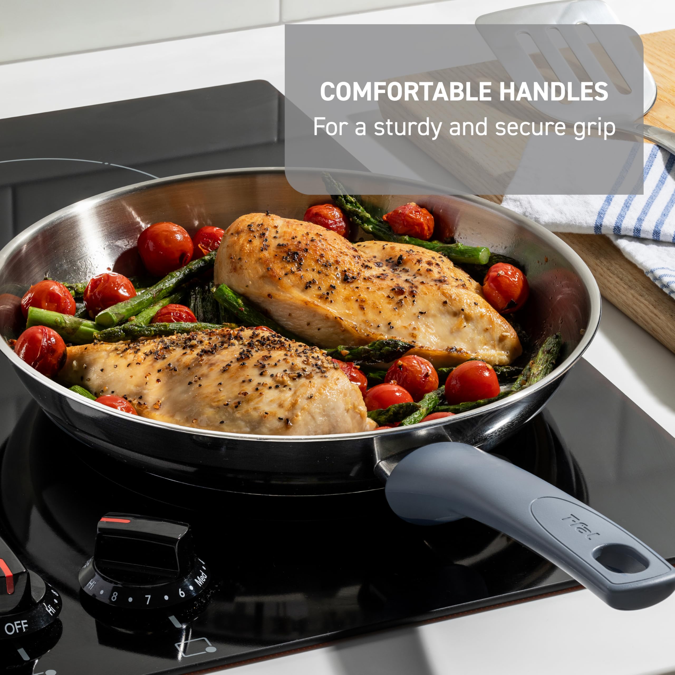 T-fal induction-capable base detail benefit: even heat distribution on all cooktops
