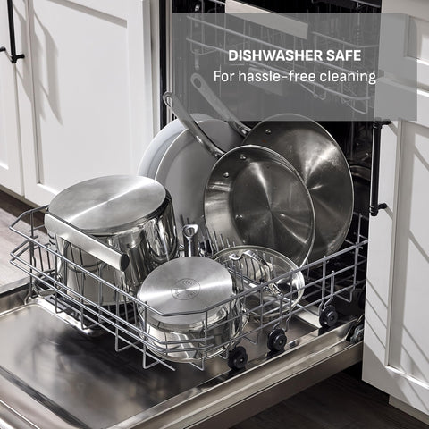 T-Fal skillet being placed in dishwasher showing easy cleanup and time-saving benefit
