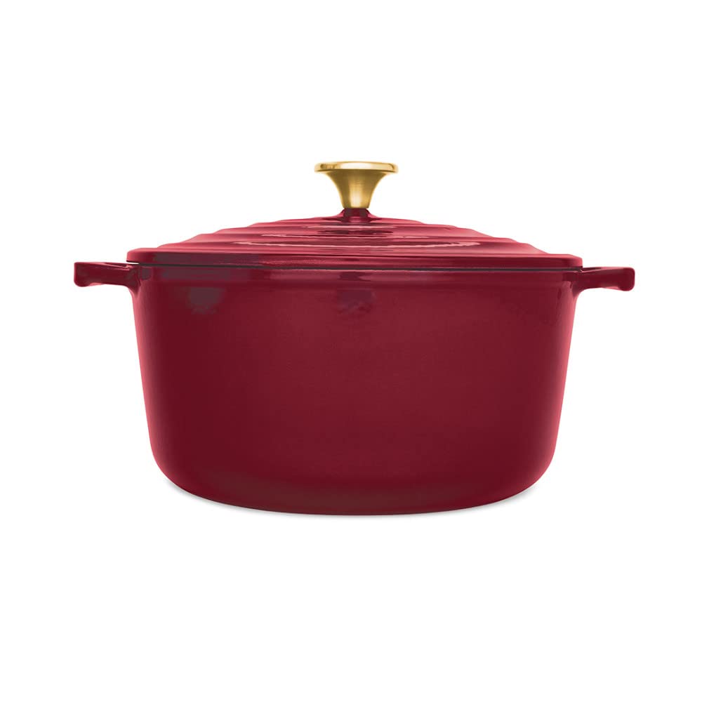 T-fal front view showing red enameled Dutch oven and sturdy handles for serving
