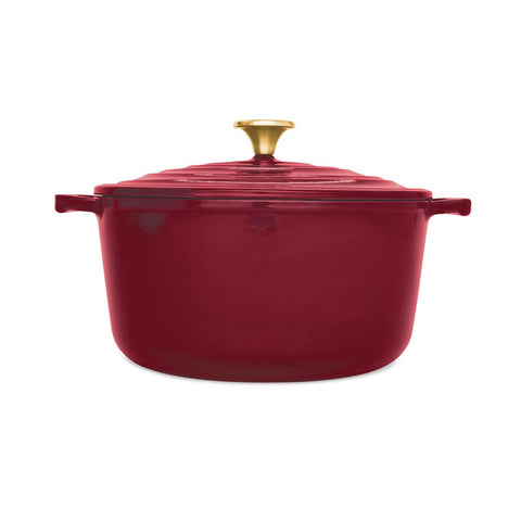 T-fal front view showing red enameled Dutch oven and sturdy handles for serving