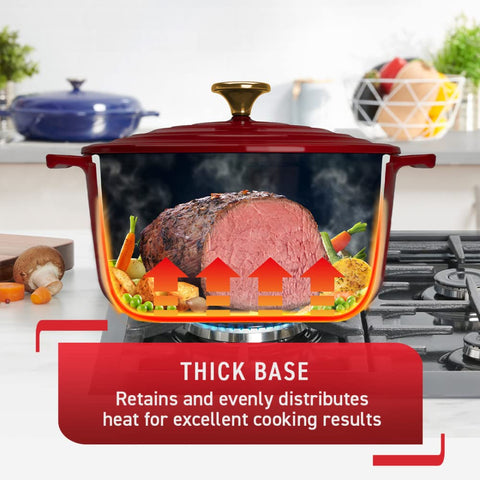 T-fal Dutch oven on stovetop simmering stew to retain heat evenly