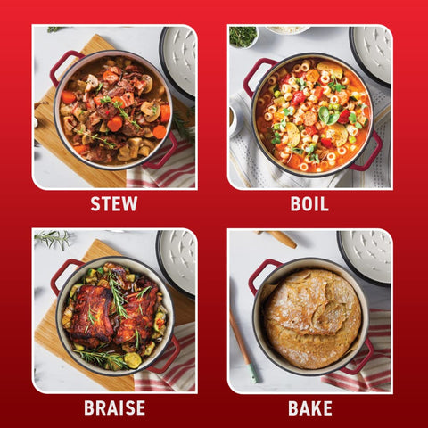 T-fal on dining table serving stew as a colorful centerpiece