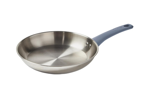 T-fal Essentials front view showing polished stainless finish and ocean blue handle benefit: stylish durable cookware