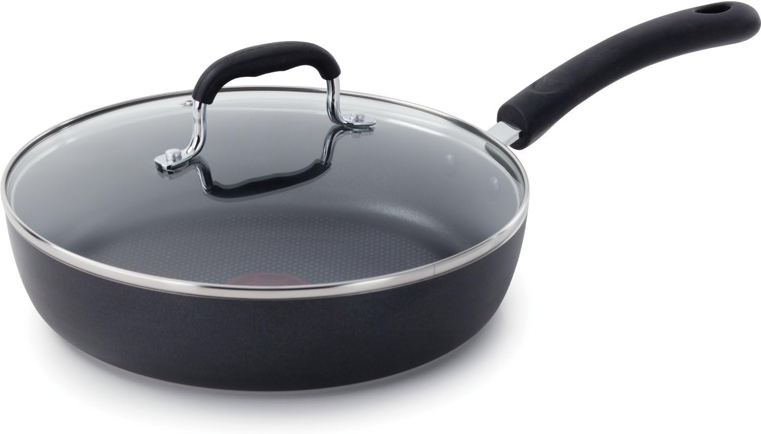 T‑Fal pan front packaging shows skillet and lid, clarity and convenience