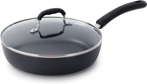 T‑Fal pan front packaging shows skillet and lid, clarity and convenience