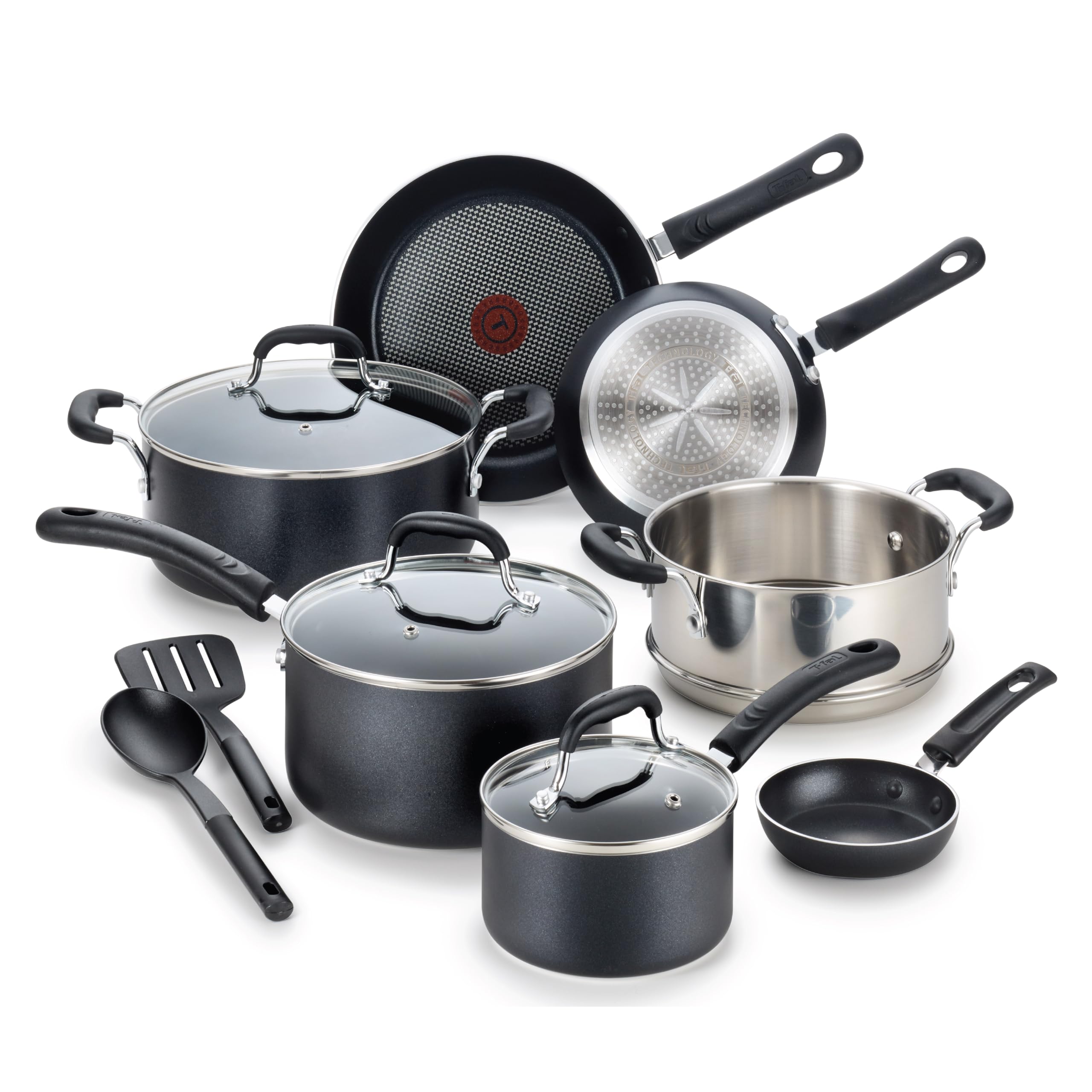 T-Fal front view of complete 12-piece set showing included pots and pans for versatile cooking