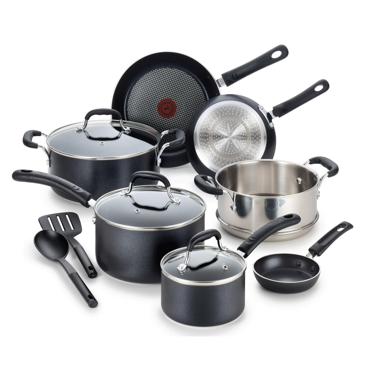T-Fal front view of complete 12-piece set showing included pots and pans for versatile cooking