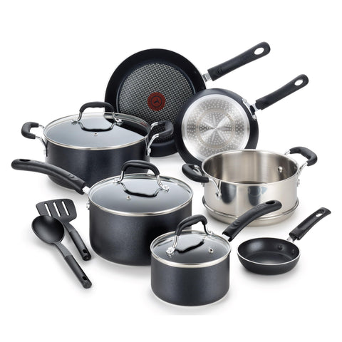 T-Fal front view of complete 12-piece set showing included pots and pans for versatile cooking