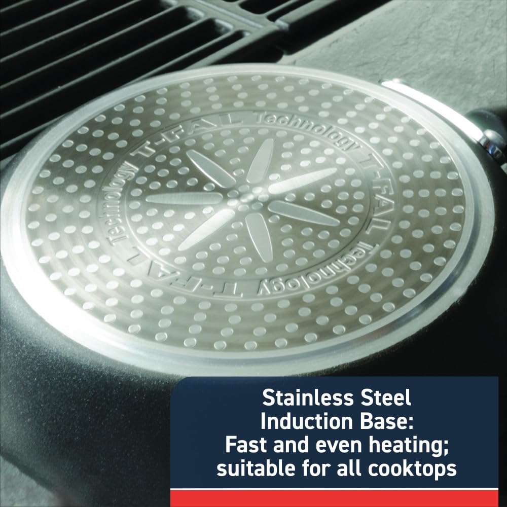 T-Fal frying and simmering in use on stovetop illustrating consistent heat distribution benefit