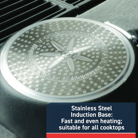 T-Fal frying and simmering in use on stovetop illustrating consistent heat distribution benefit
