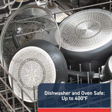 T-Fal pots and pans beside a measuring cup to show scale and portioning convenience