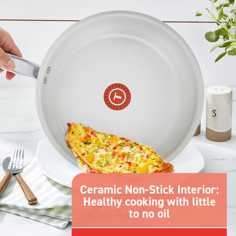 T-Fal ceramic nonstick interior close-up highlighting smooth surface for low-oil cooking