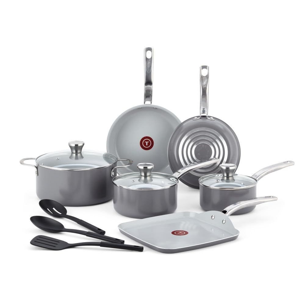 T-Fal front view of full cookware set showing pieces and grey finish, easy organization benefit