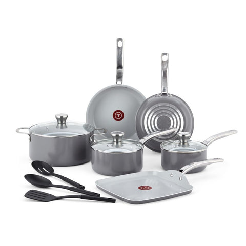 T-Fal front view of full cookware set showing pieces and grey finish, easy organization benefit