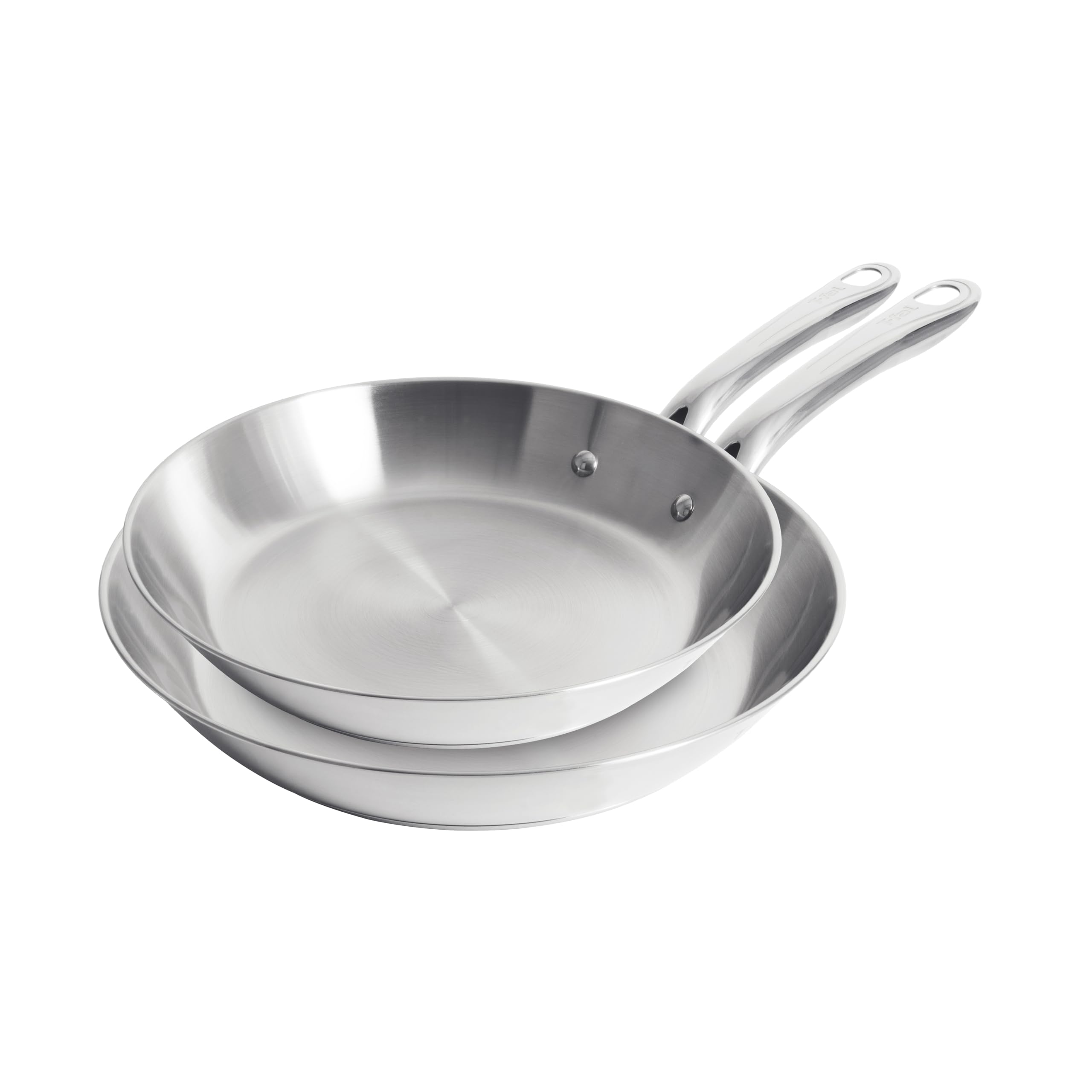 T-Fal front view of 11 and 12.5 inch skillets showing durable stainless finish and versatile sizes