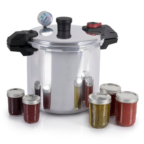 T-Fal front view of 22-quart canner showing capacity and handles for safe handling
