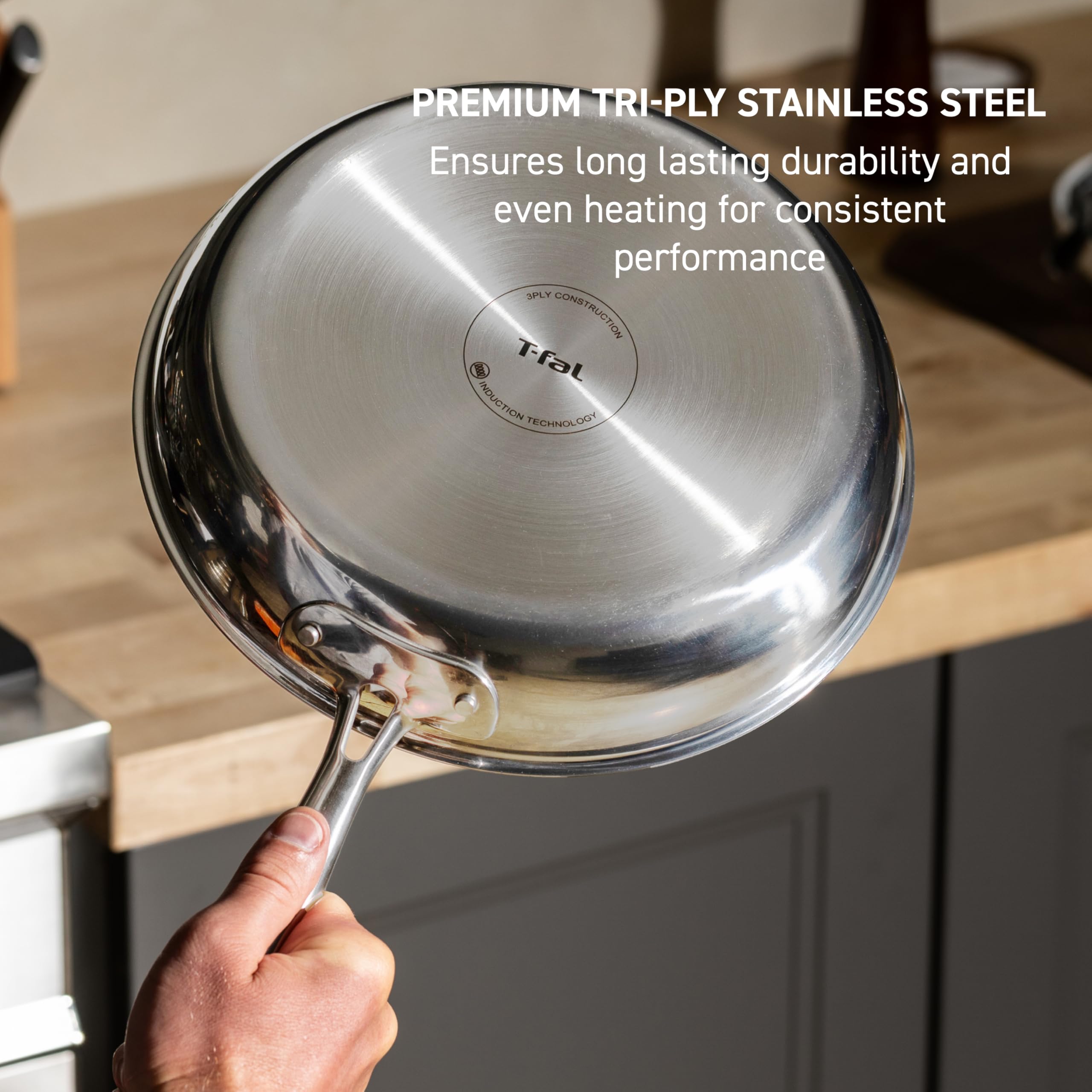 T-Fal HybridMesh stacked pans side profile showing tri-ply thickness and fit