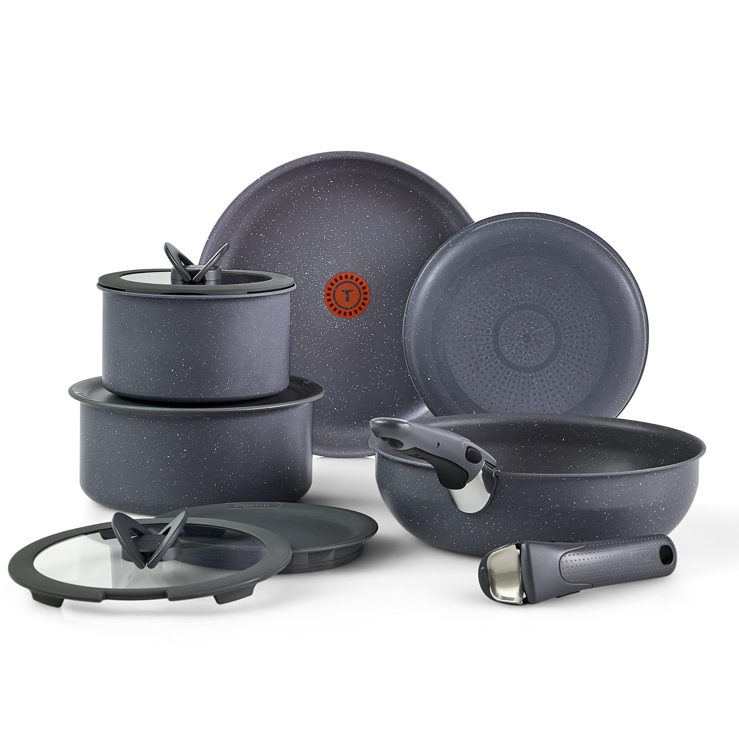 T-fal Ingenio front view of full 11-piece set showing compact benefits