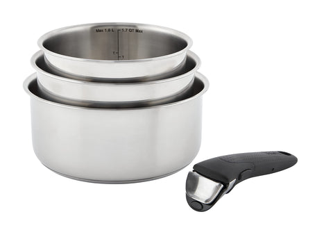 T-fal front packaging showing the 4-piece Ingenio set and space-saving benefits