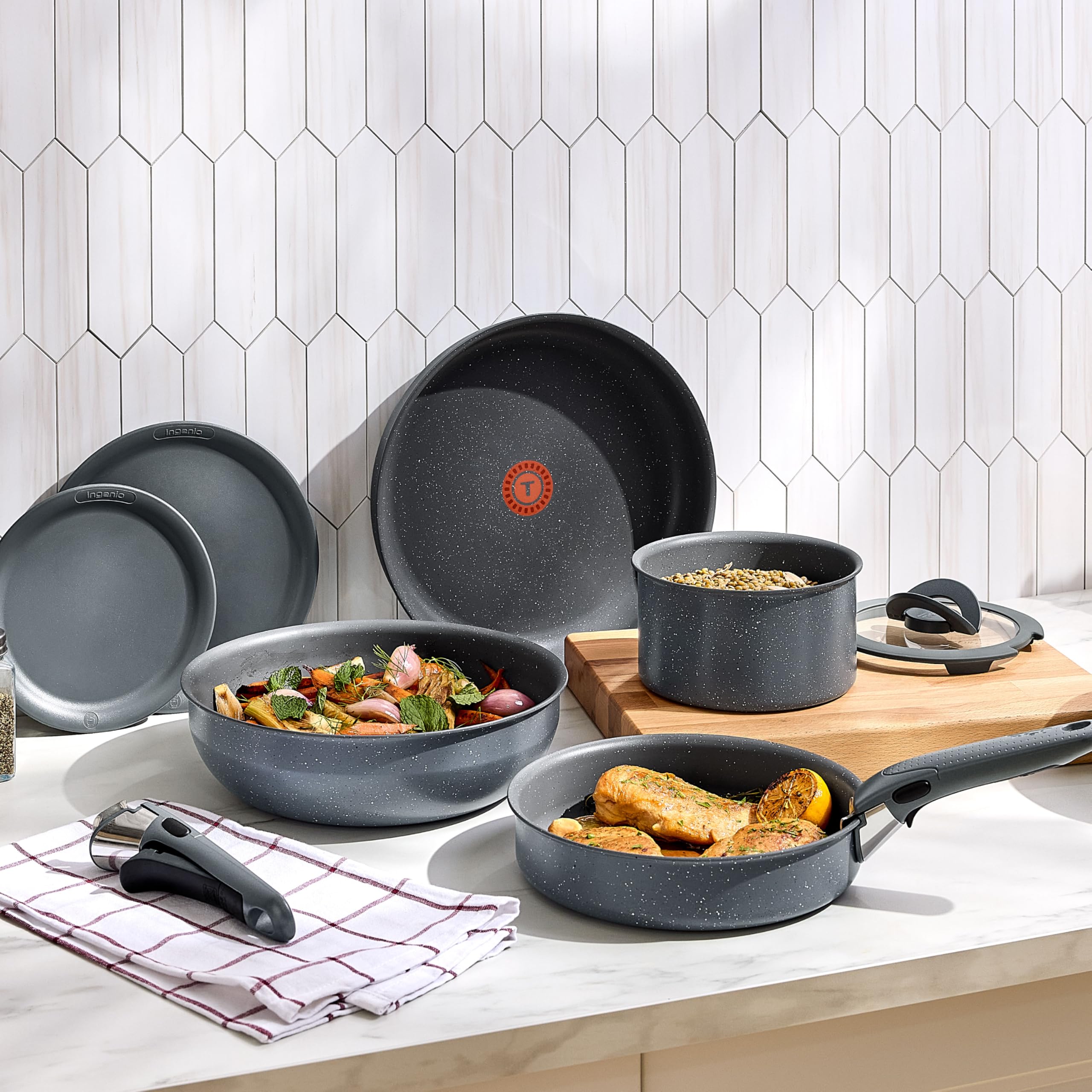 T-fal Ingenio cookware on table served from pan showing serving convenience