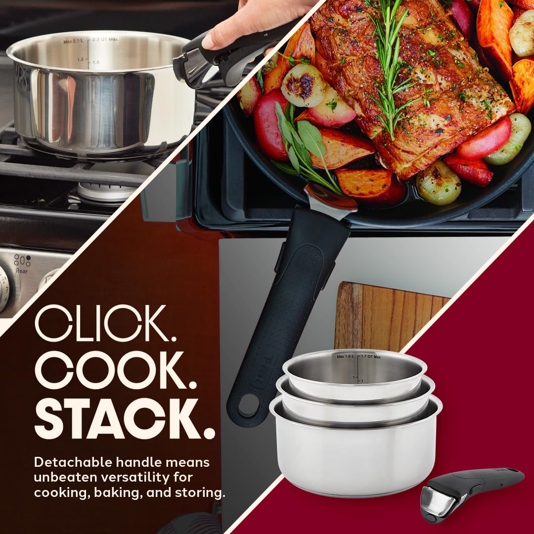 T-fal nested stack demonstrating compact storage that saves cabinet space