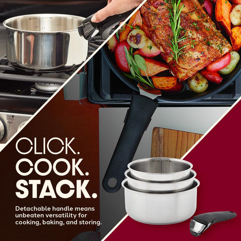 T-fal nested stack demonstrating compact storage that saves cabinet space