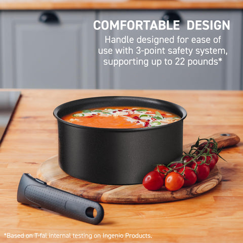 T-Fal Ingenio saucepan with lid close-up showing tight seal and fridge storage