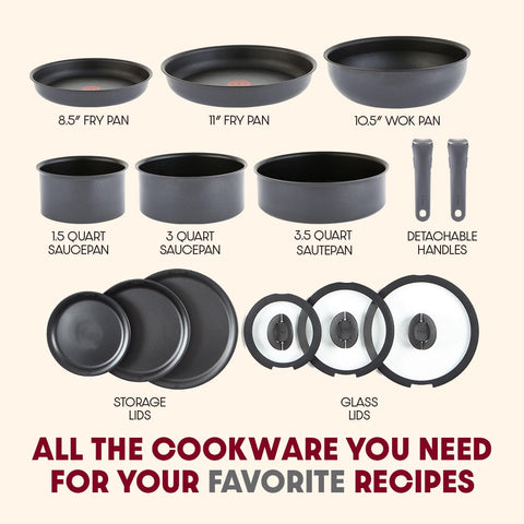 T-Fal Ingenio stacked cookware saving shelf space and organized storage