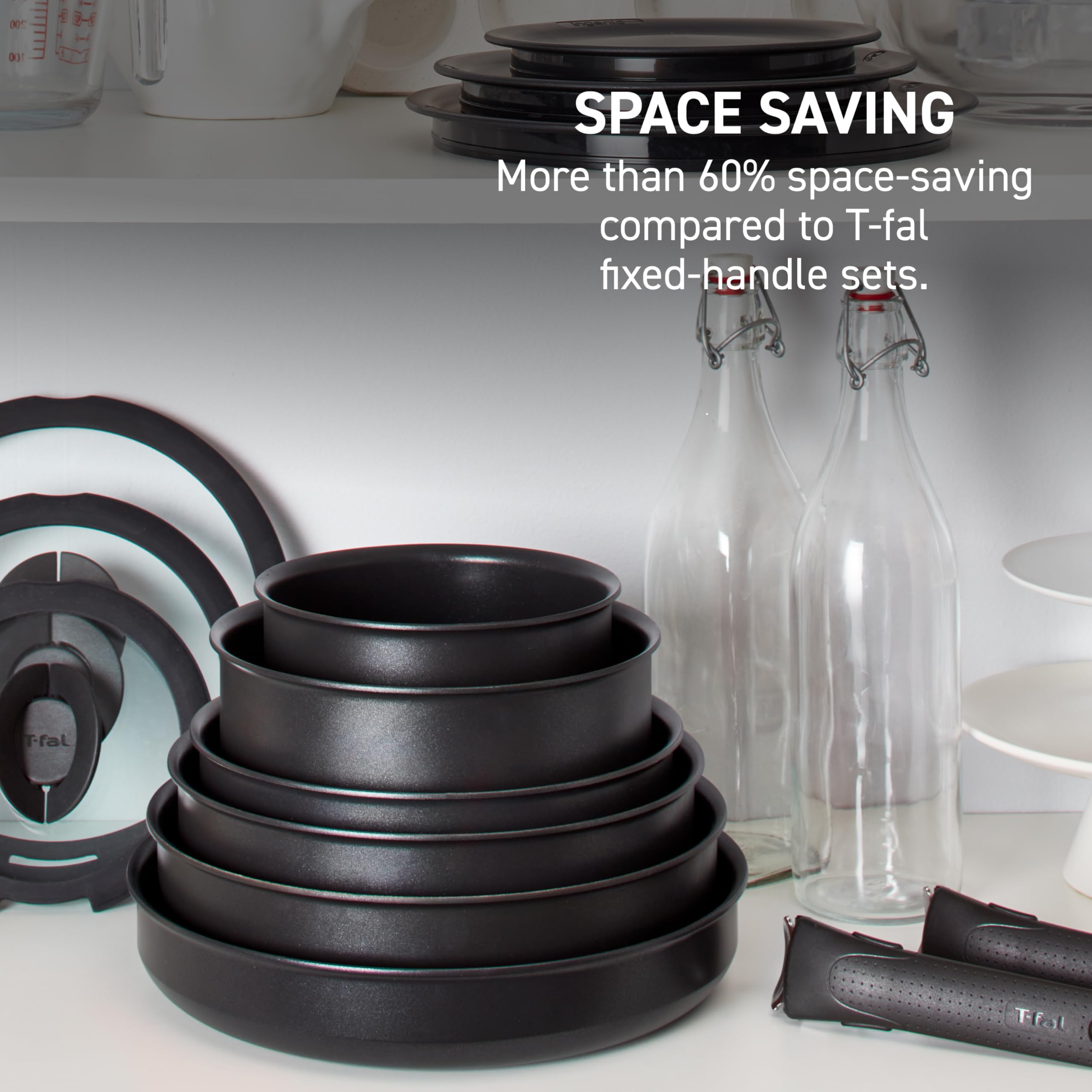 T-Fal Ingenio stacked pans in a cabinet saving space and organizing kitchen