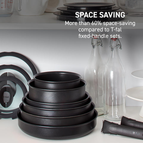 T-Fal Ingenio stacked pans in a cabinet saving space and organizing kitchen