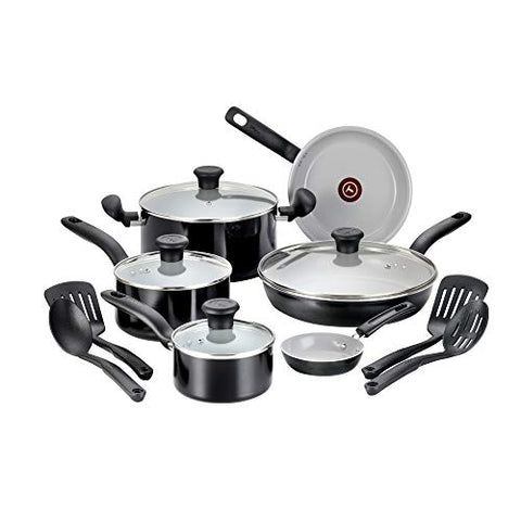 T-Fal cookware set front view showing pieces and lids for versatile cooking