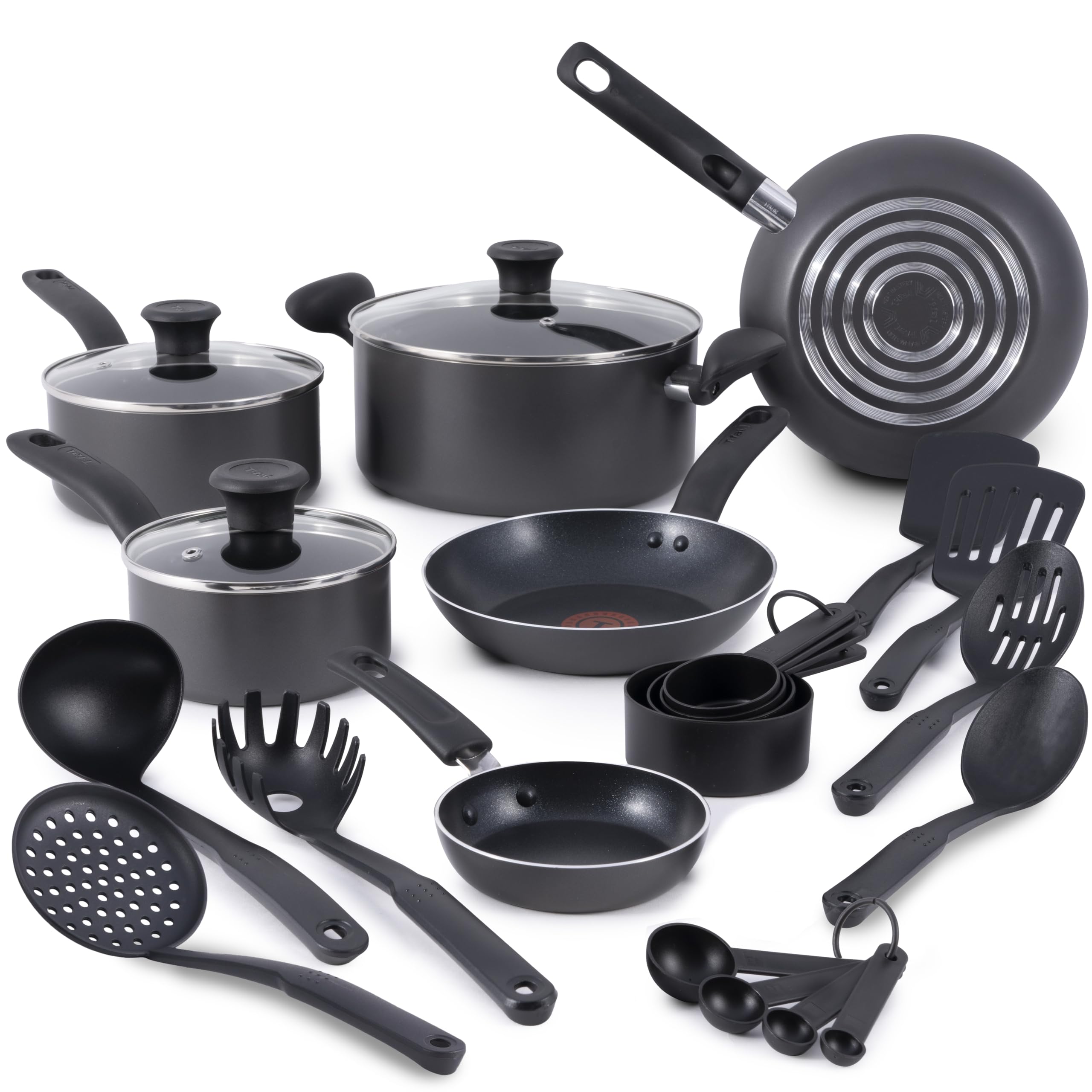 T-Fal front view of stone grey 18-piece set showing complete contents and neat storage benefit