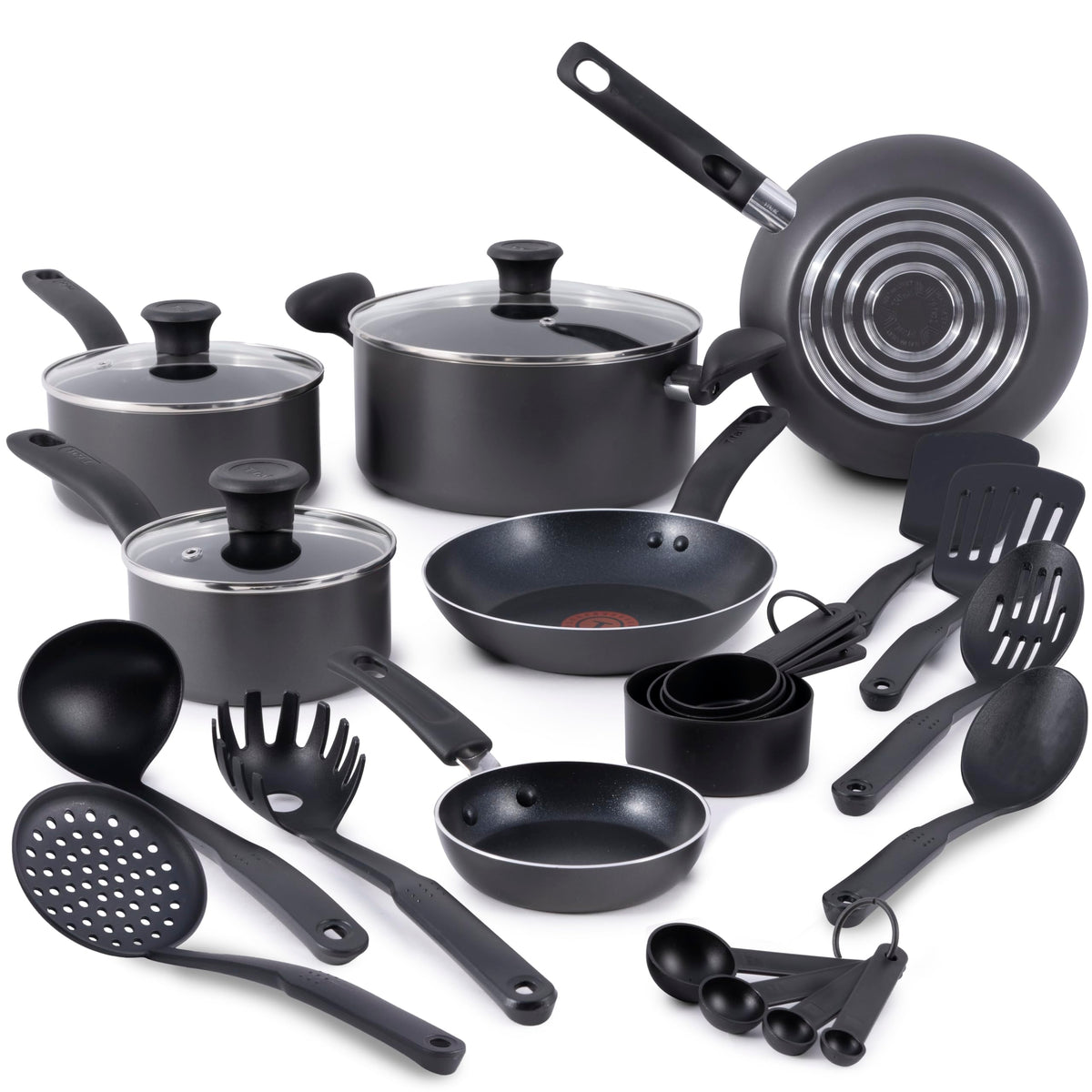 T-Fal front view of stone grey 18-piece set showing complete contents and neat storage benefit