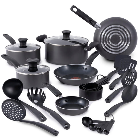 T-Fal front view of stone grey 18-piece set showing complete contents and neat storage benefit