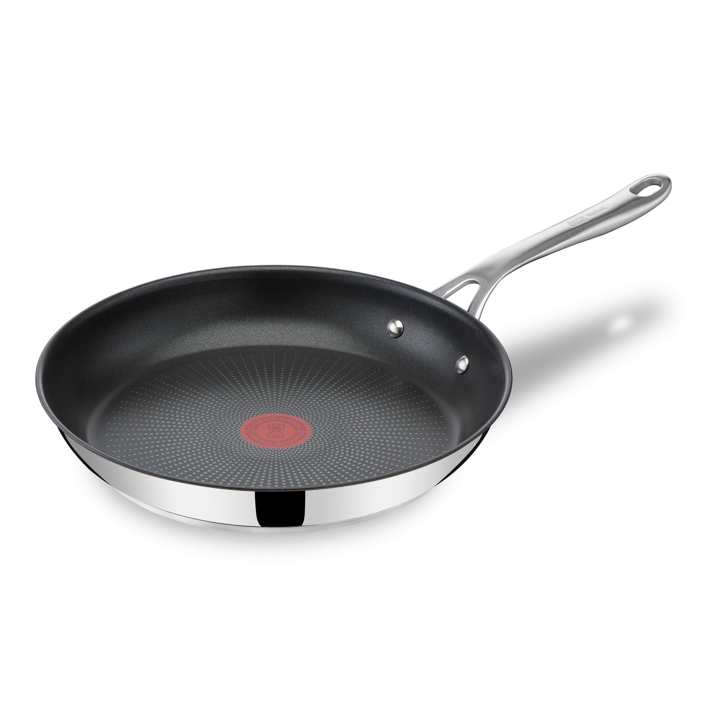 T-Fal front view of 11-inch skillet showing sleek stainless finish and capacity benefit