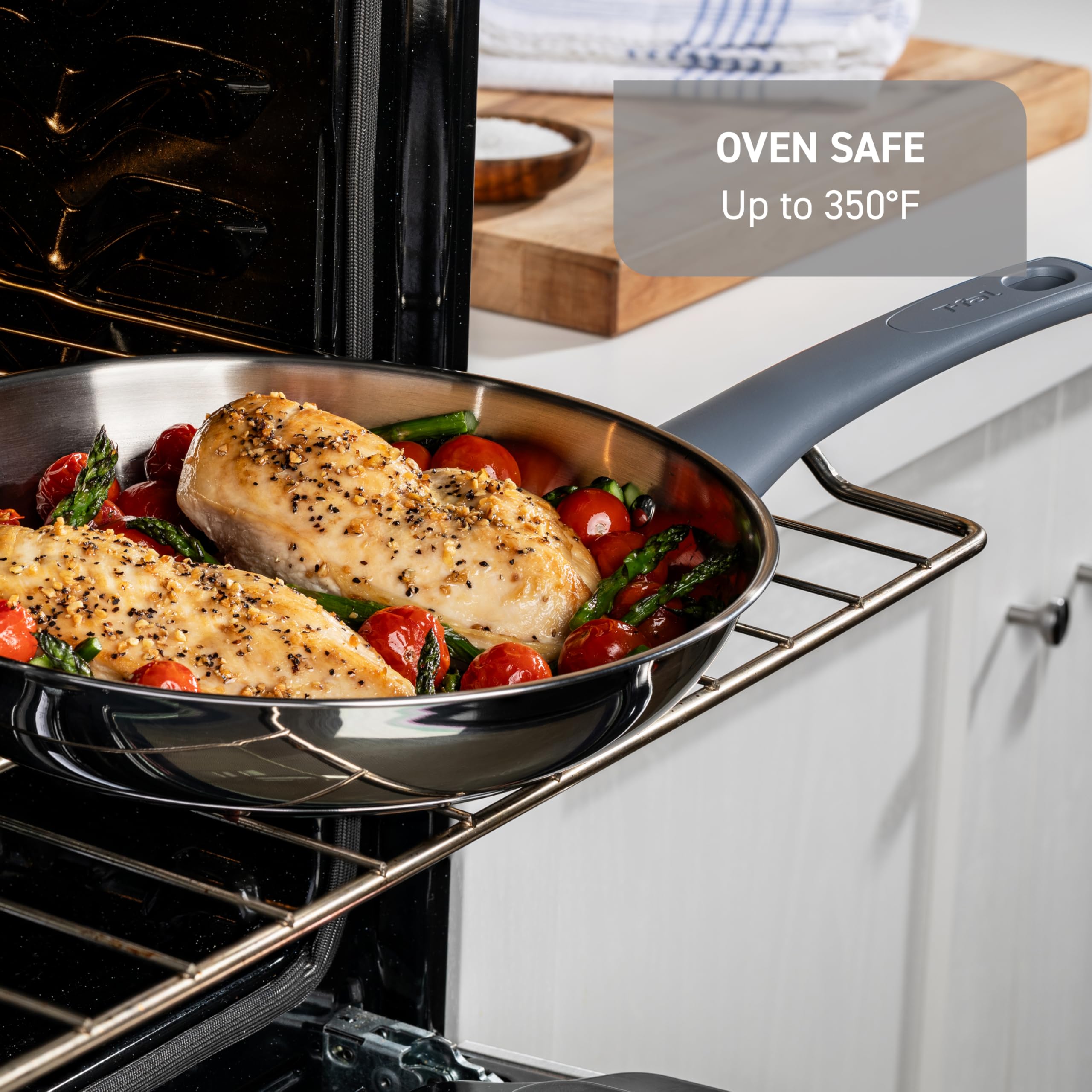 T-fal pan searing a steak on stovetop benefit: high-heat performance for searing