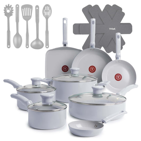 T-Fal front view of blue 20-piece set showing coordinated pans and lids, vibrant kitchen style