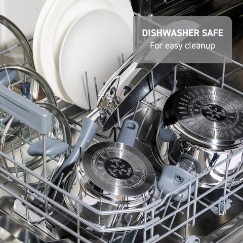 T-fal pan next to common utensils for scale benefit: clear size and versatile capacity